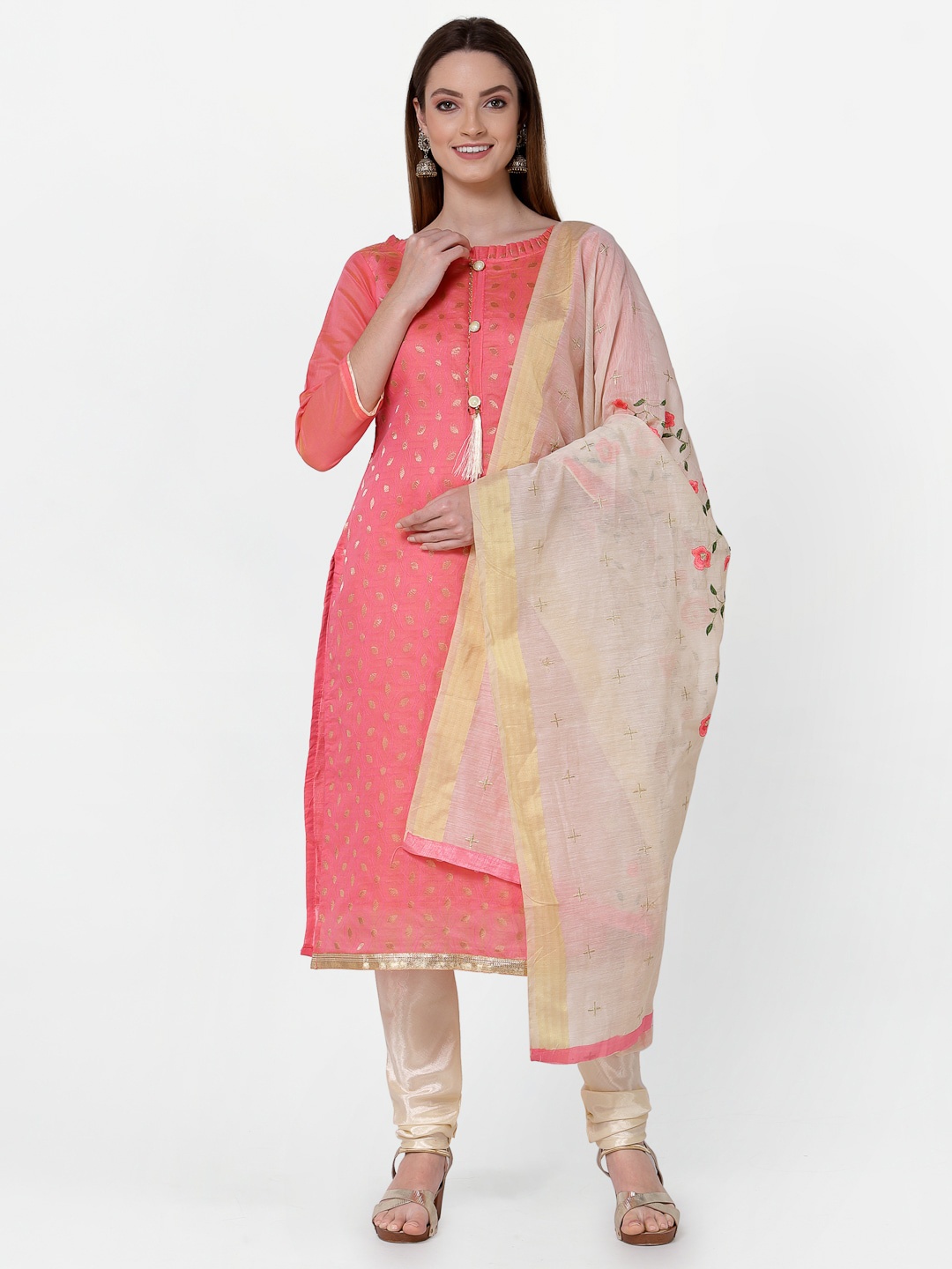

RAJGRANTH Pink & Cream-Coloured Printed Unstitched Dress Material