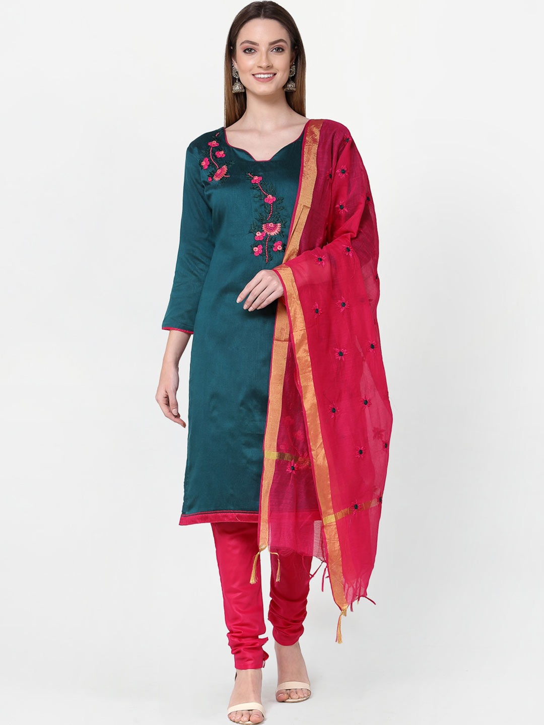 

RAJGRANTH Blue & Red Embroidered Unstitched Dress Material