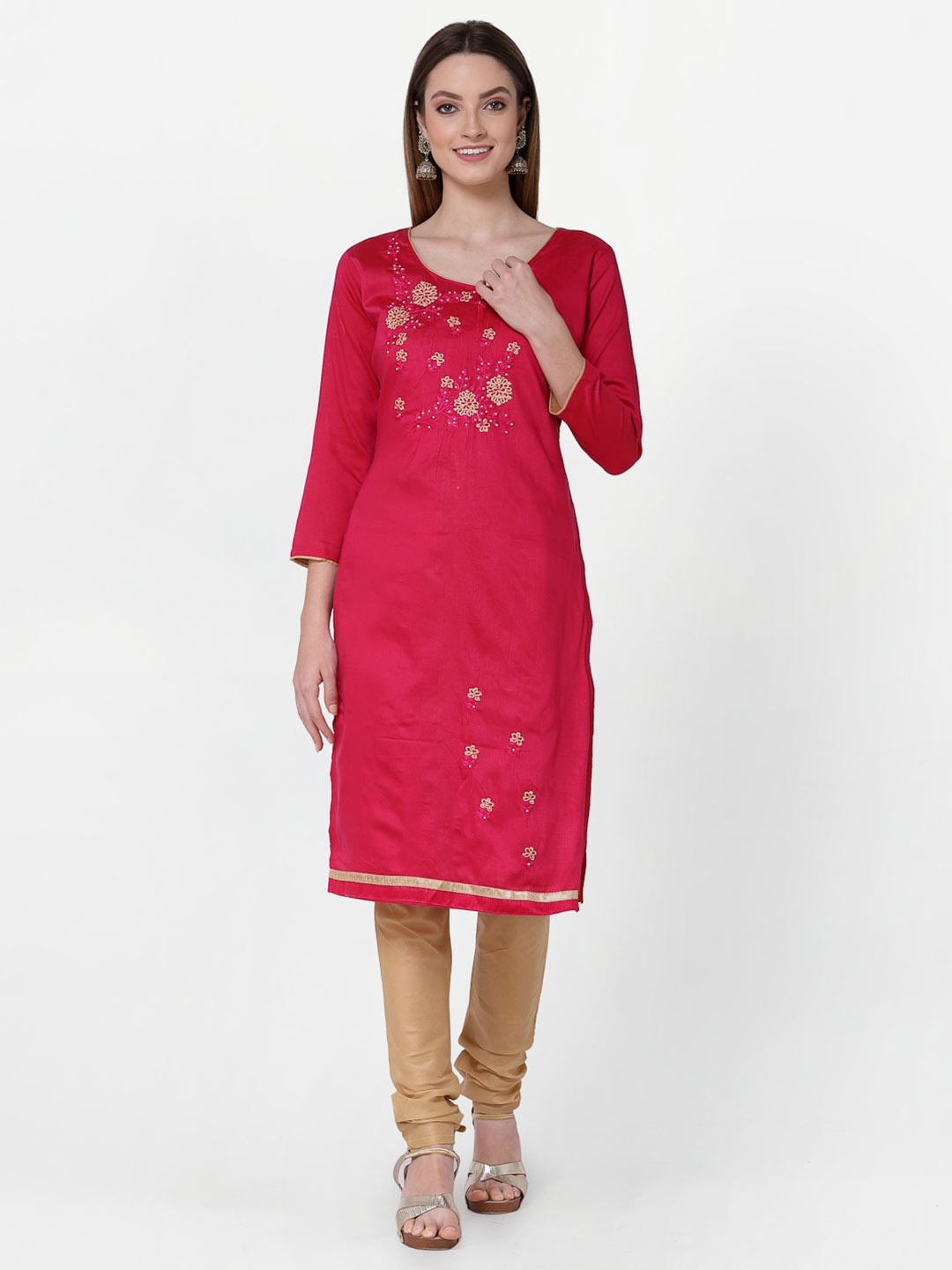 

RAJGRANTH Pink & Tan Brown Embroidered Unstitched Dress Material