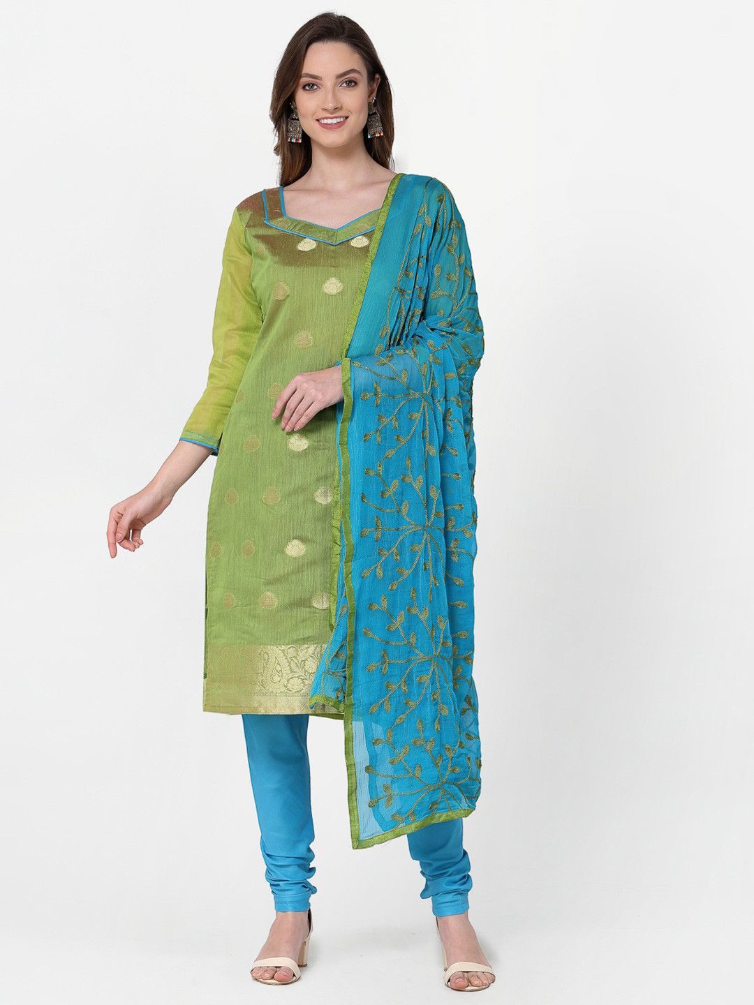 

RAJGRANTH Green & Blue Printed Unstitched Dress Material