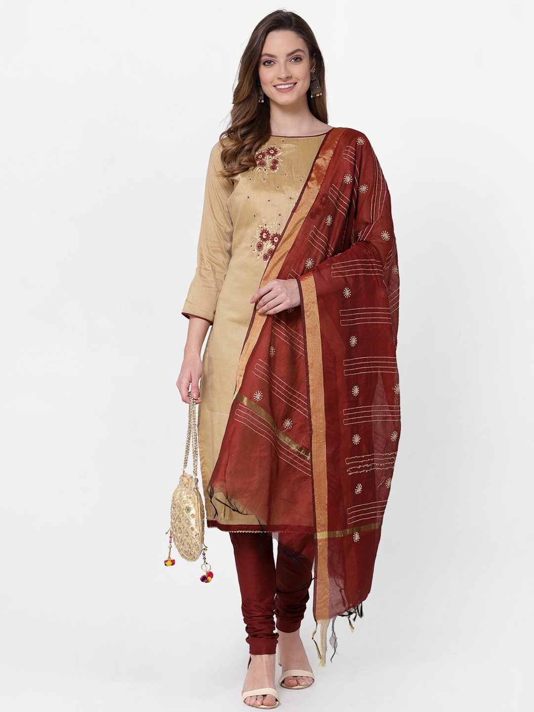 

RAJGRANTH Cream-Coloured & Maroon Embroidered Unstitched Dress Material
