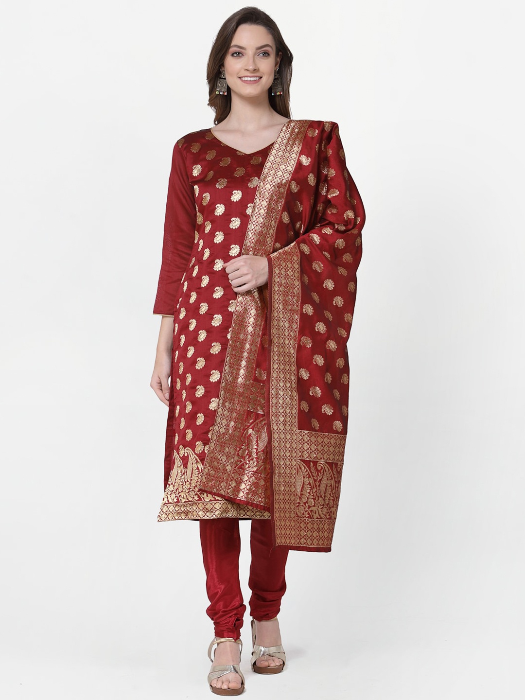 

RAJGRANTH Maroon & Gold-Toned Unstitched Dress Material