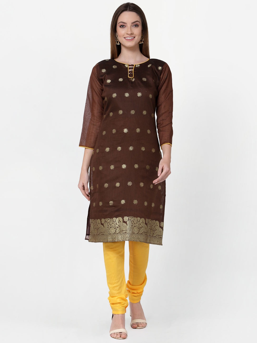 

RAJGRANTH Brown & Yellow Printed Unstitched Dress Material