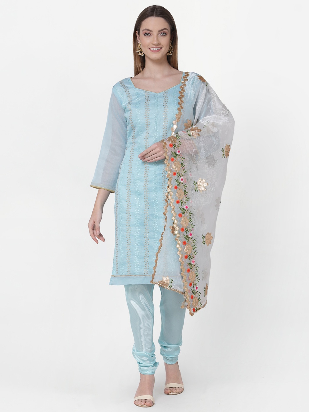 

RAJGRANTH Blue & Gold-Toned Embroidered Unstitched Dress Material