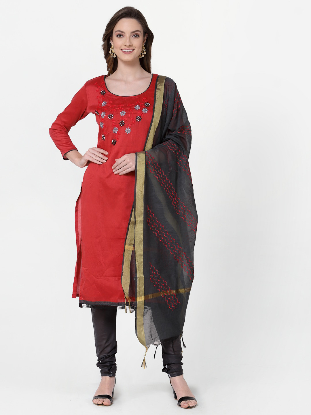 

RAJGRANTH Red & Black Embroidered Unstitched Dress Material