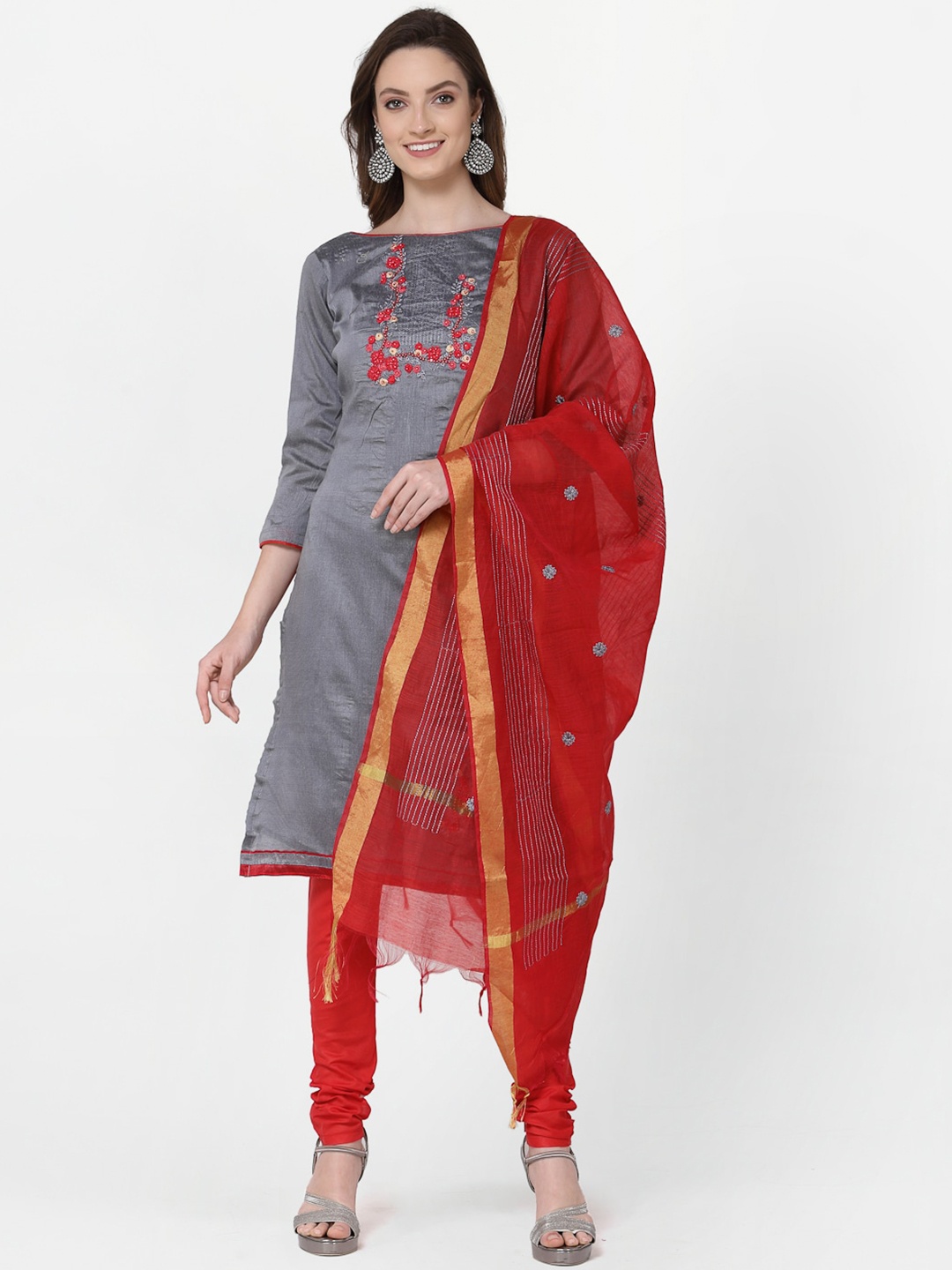 

RAJGRANTH Grey & Red Embroidered Unstitched Dress Material