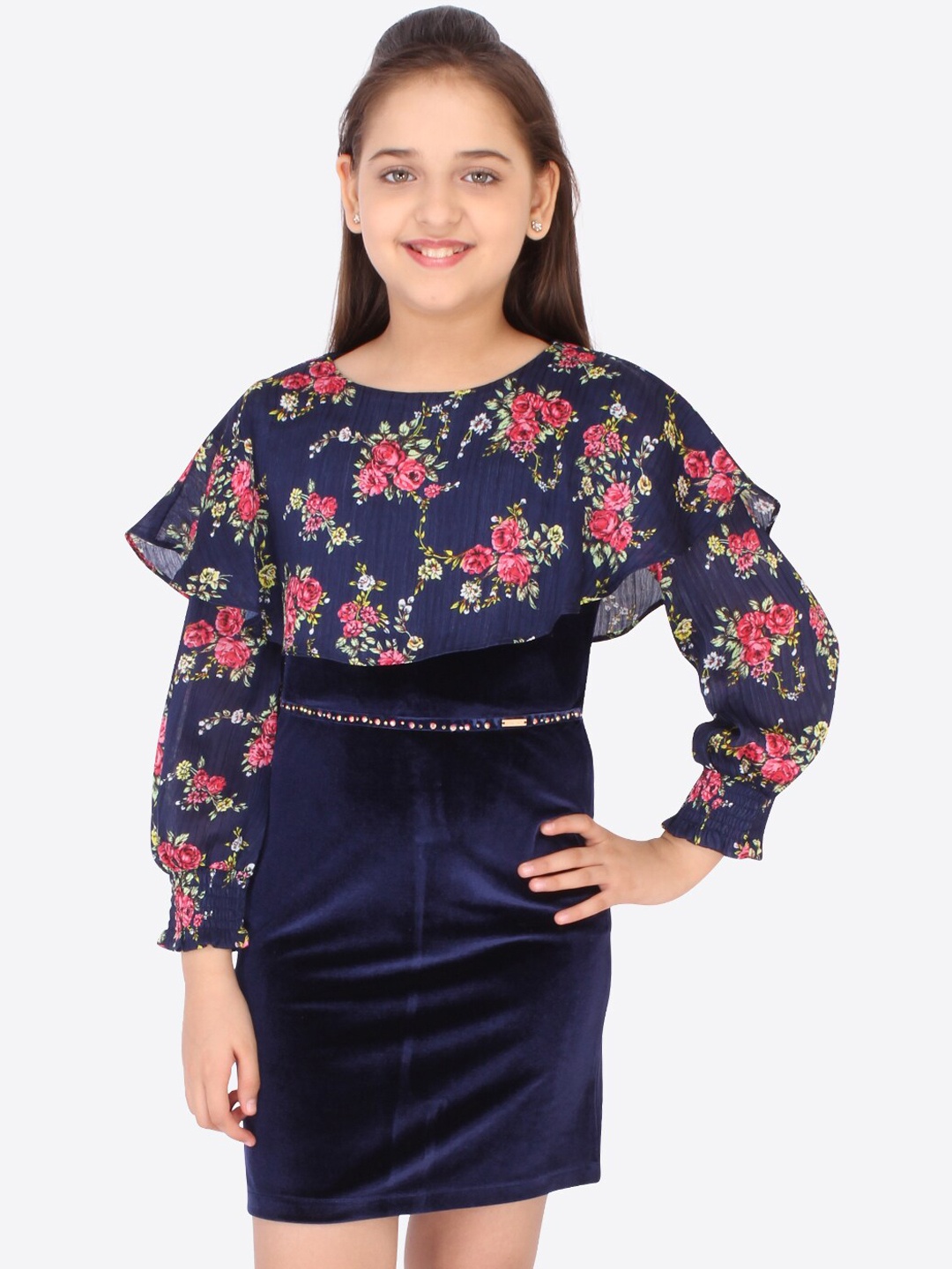 

CUTECUMBER Girls Navy Blue & Red Floral Printed Chiffon Sheath Dress