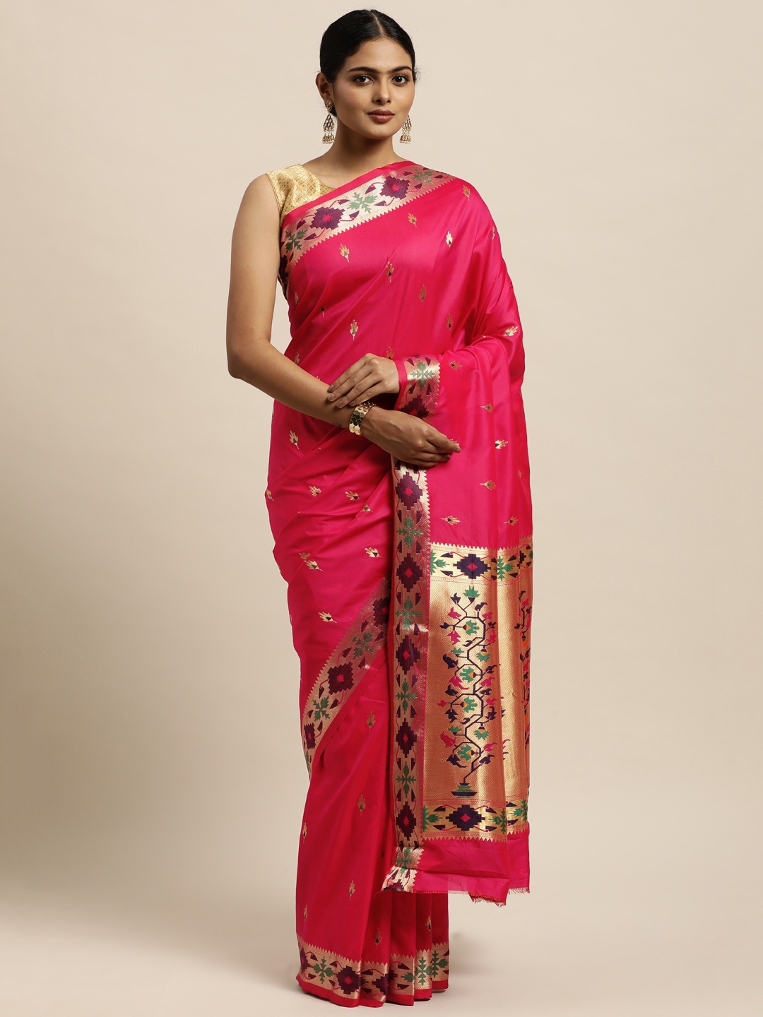 

SANGAM PRINTS Pink Woven Design Pure Silk Saree