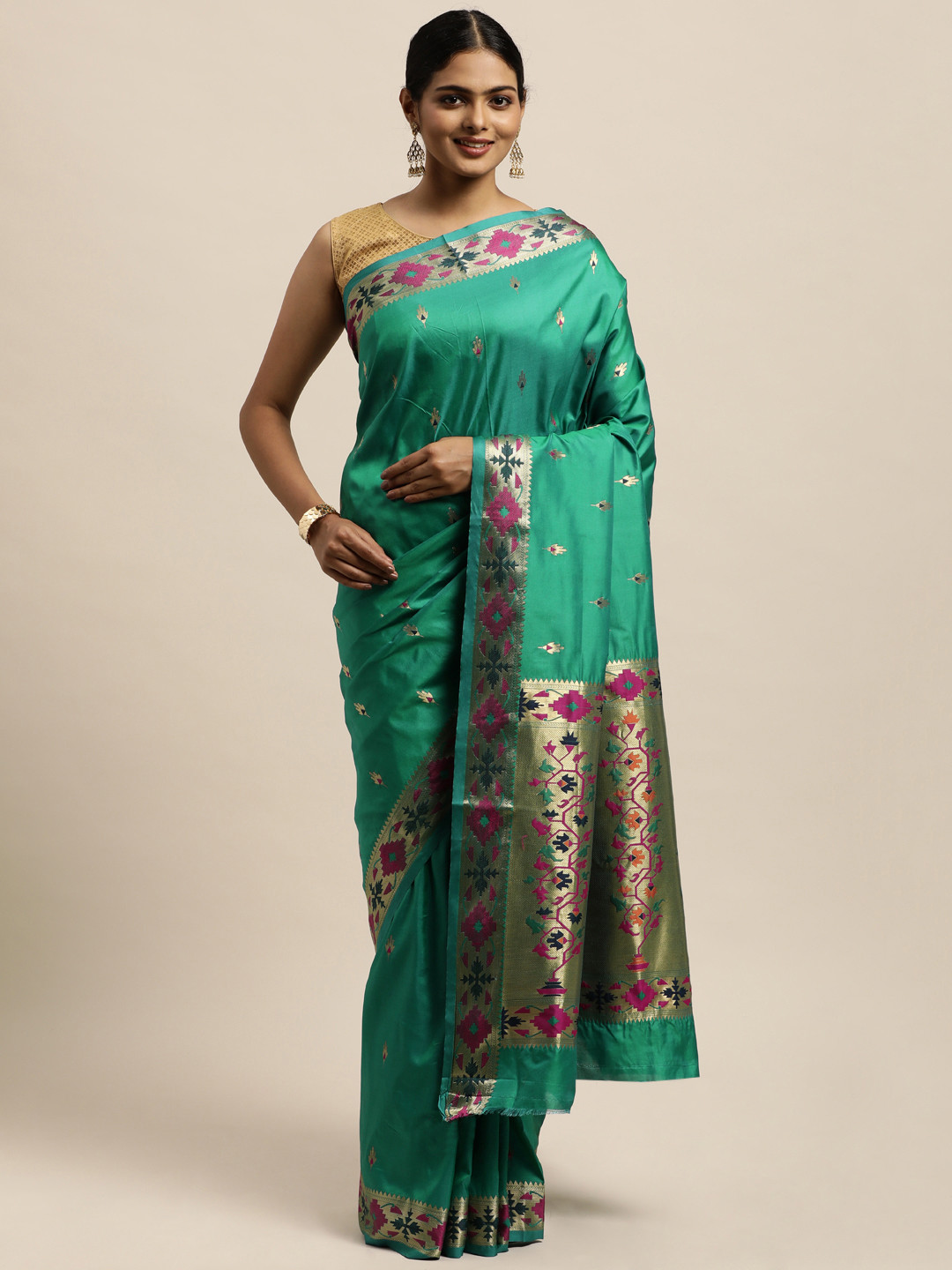 

SANGAM PRINTS Green Woven Design Pure Silk Saree
