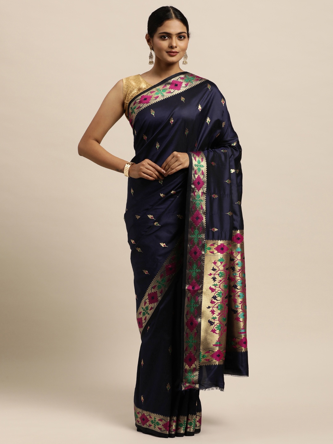 

SANGAM PRINTS Navy Blue & Gold-Toned Ethnic Motifs Zari Pure Silk Saree