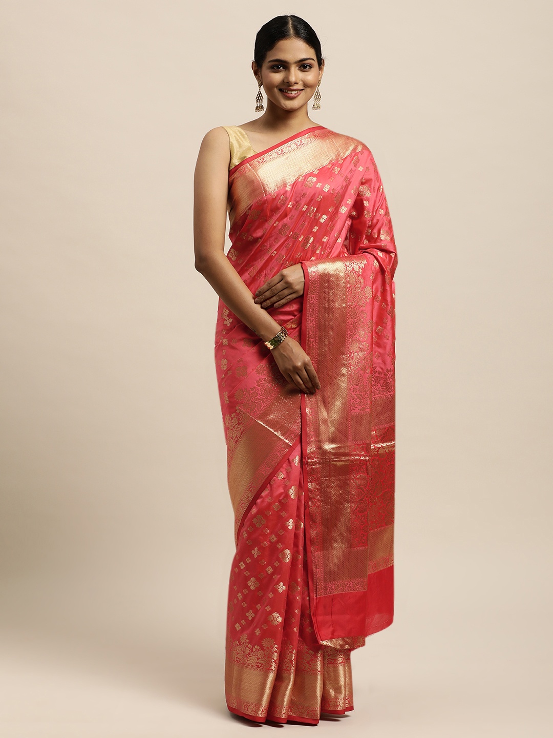 

SANGAM PRINTS Red Ethnic Motifs Zari Pure Silk Saree