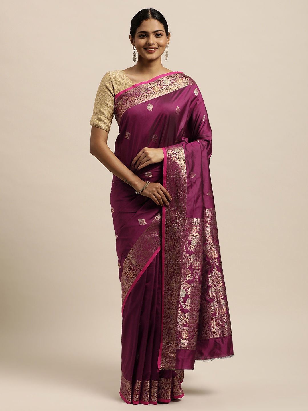 

SANGAM PRINTS Burgundy Ethnic Motifs Zari Pure Silk Saree