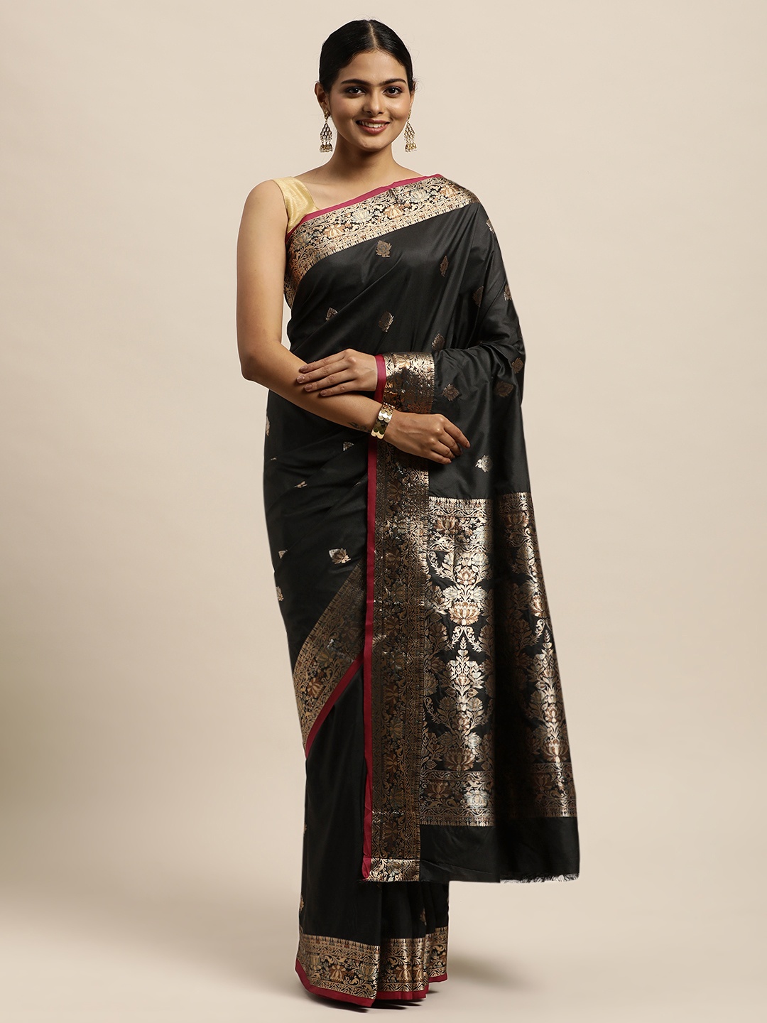 

SANGAM PRINTS Black Ethnic Motifs Zari Pure Silk Saree