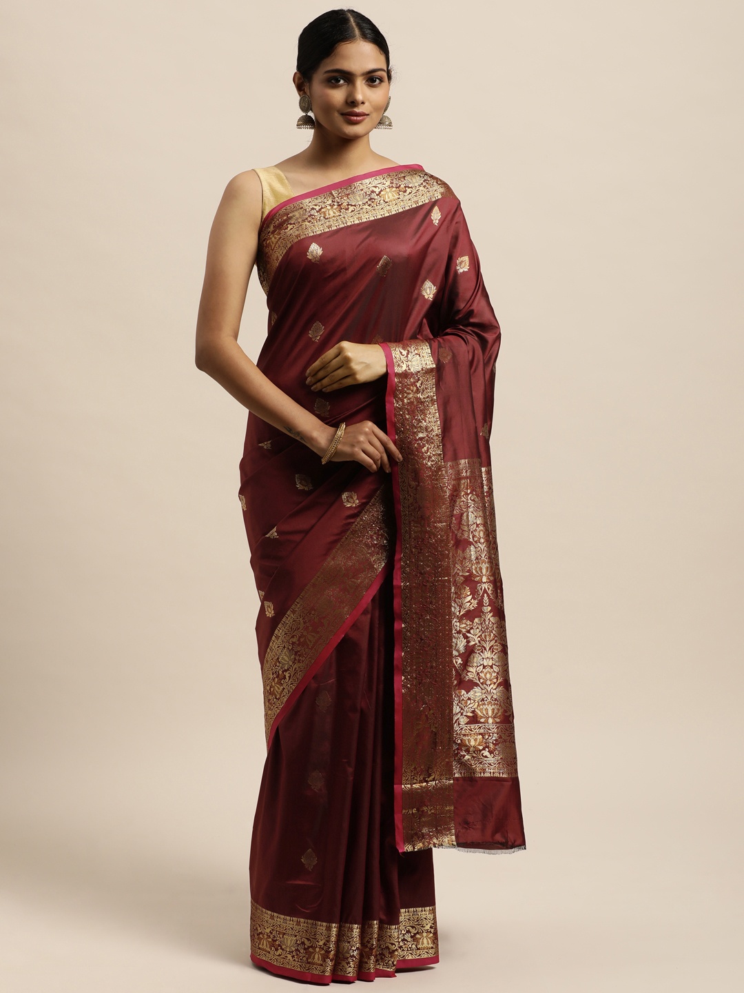 

SANGAM PRINTS Maroon Ethnic Motifs Zari Pure Silk Saree