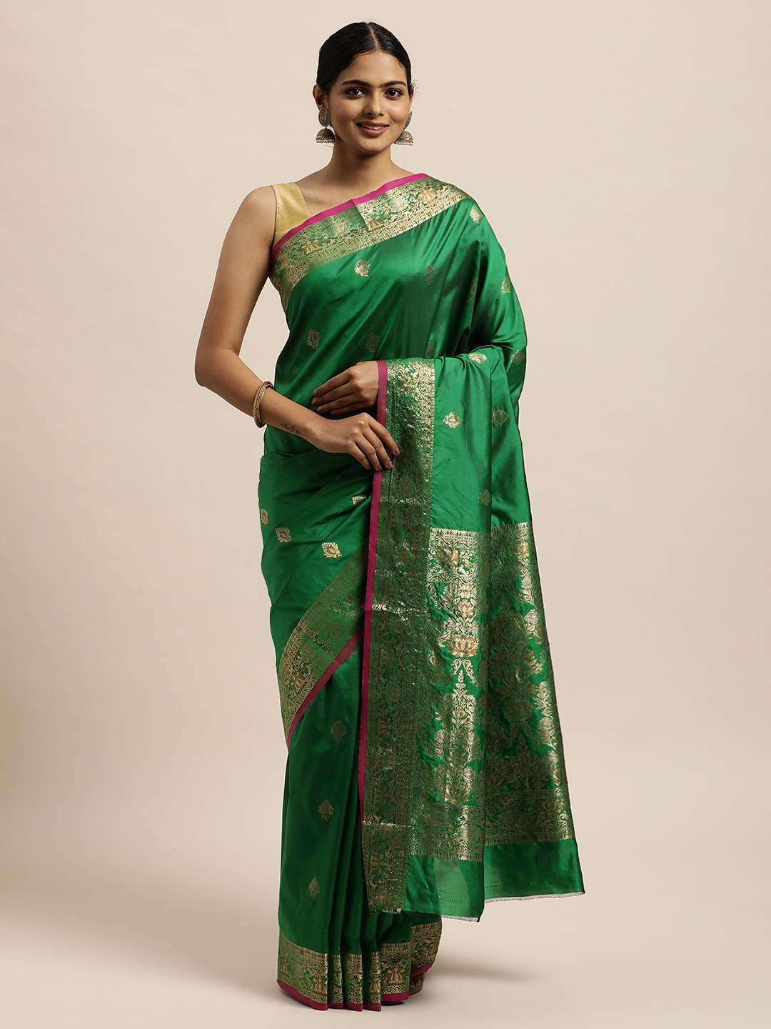 

SANGAM PRINTS Green Ethnic Motifs Zari Pure Silk Saree