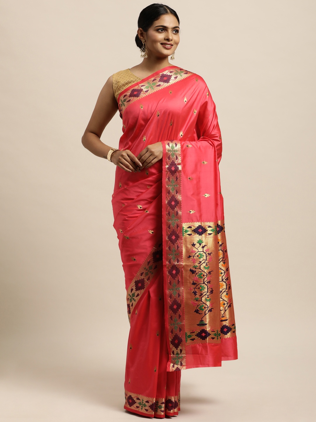 

SANGAM PRINTS Coral Ethnic Motifs Zari Pure Silk Saree