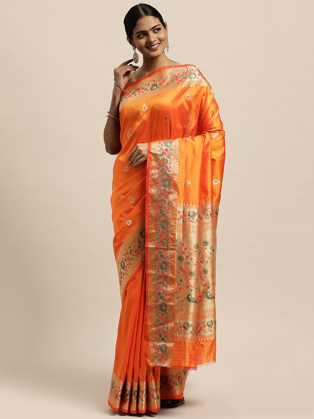 

SANGAM PRINTS Orange Ethnic Motifs Zari Pure Silk Saree