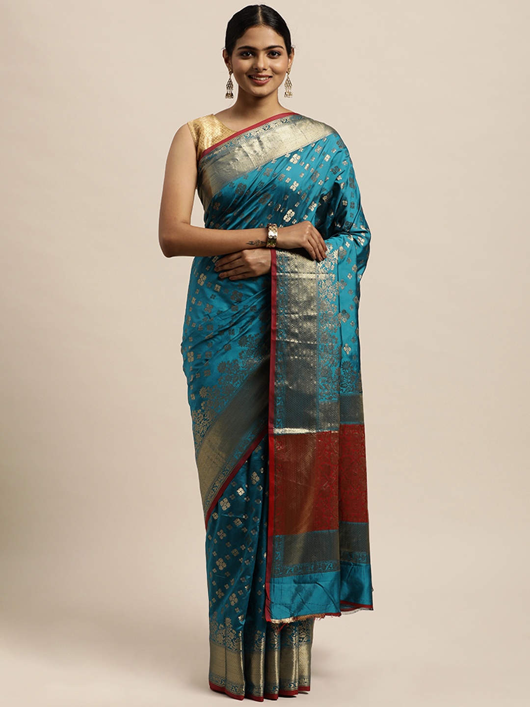 

SANGAM PRINTS Turquoise Blue Ethnic Motifs Zari Pure Silk Saree