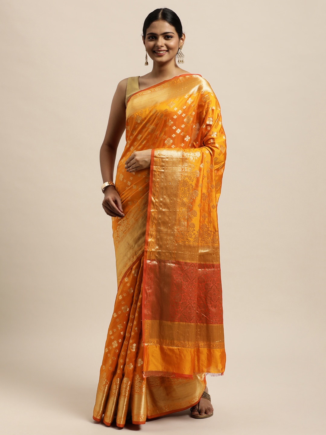 

SANGAM PRINTS Orange Ethnic Motifs Zari Pure Silk Saree