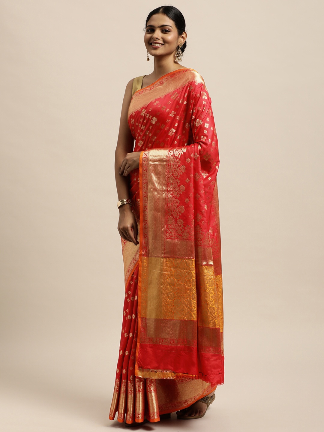 

SANGAM PRINTS Red Ethnic Motifs Zari Pure Silk Saree