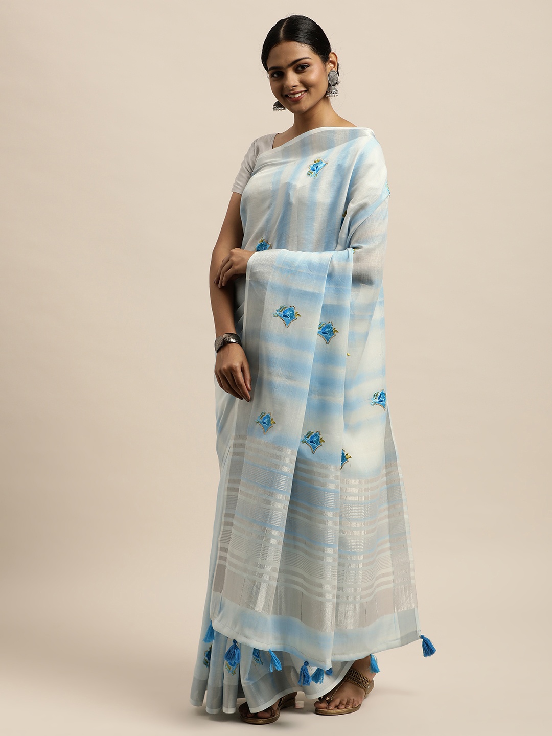 

SANGAM PRINTS Blue & Off White Ethnic Motifs Pure Linen Saree
