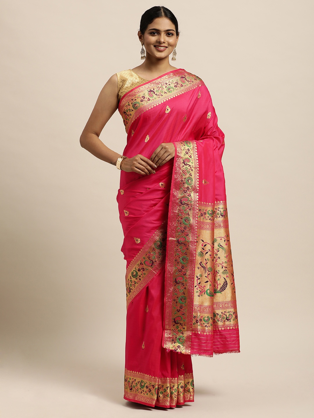 

SANGAM PRINTS Pink Woven Design Pure Silk Saree