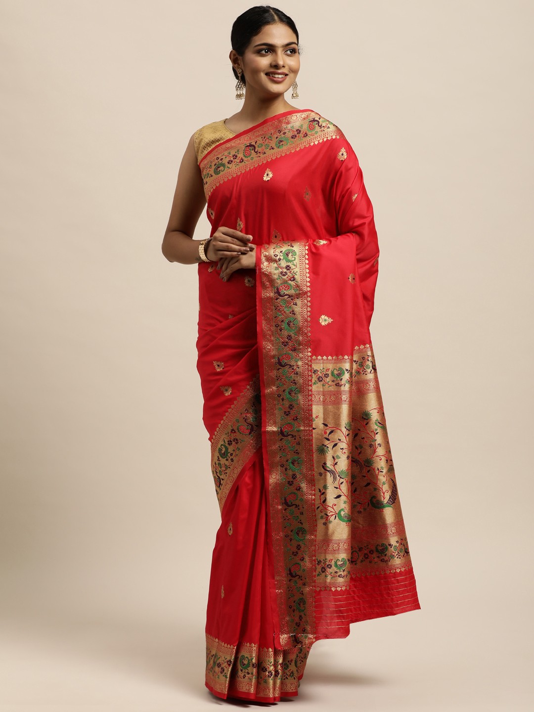 

SANGAM PRINTS Red Ethnic Motifs Zari Pure Silk Saree
