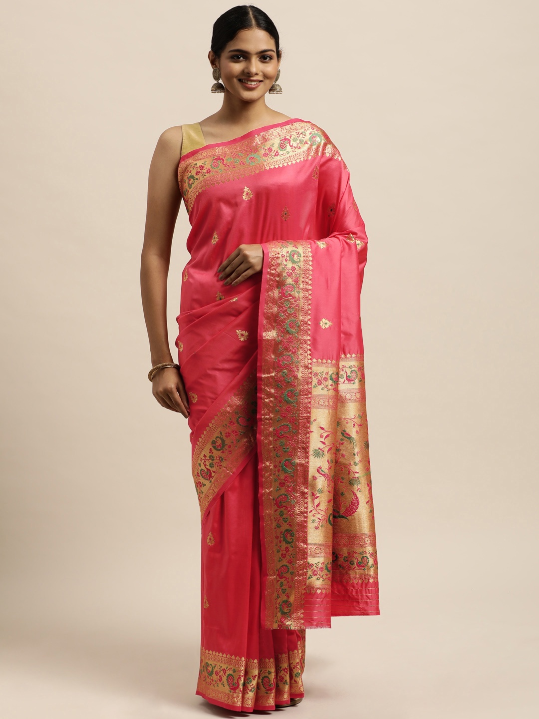 

SANGAM PRINTS Coral Ethnic Motifs Zari Pure Silk Saree