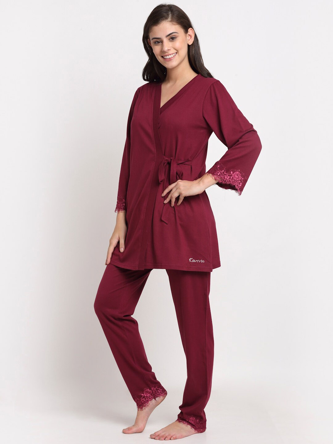 

Kanvin Women Maroon 5 Pc Night Suit with Gown