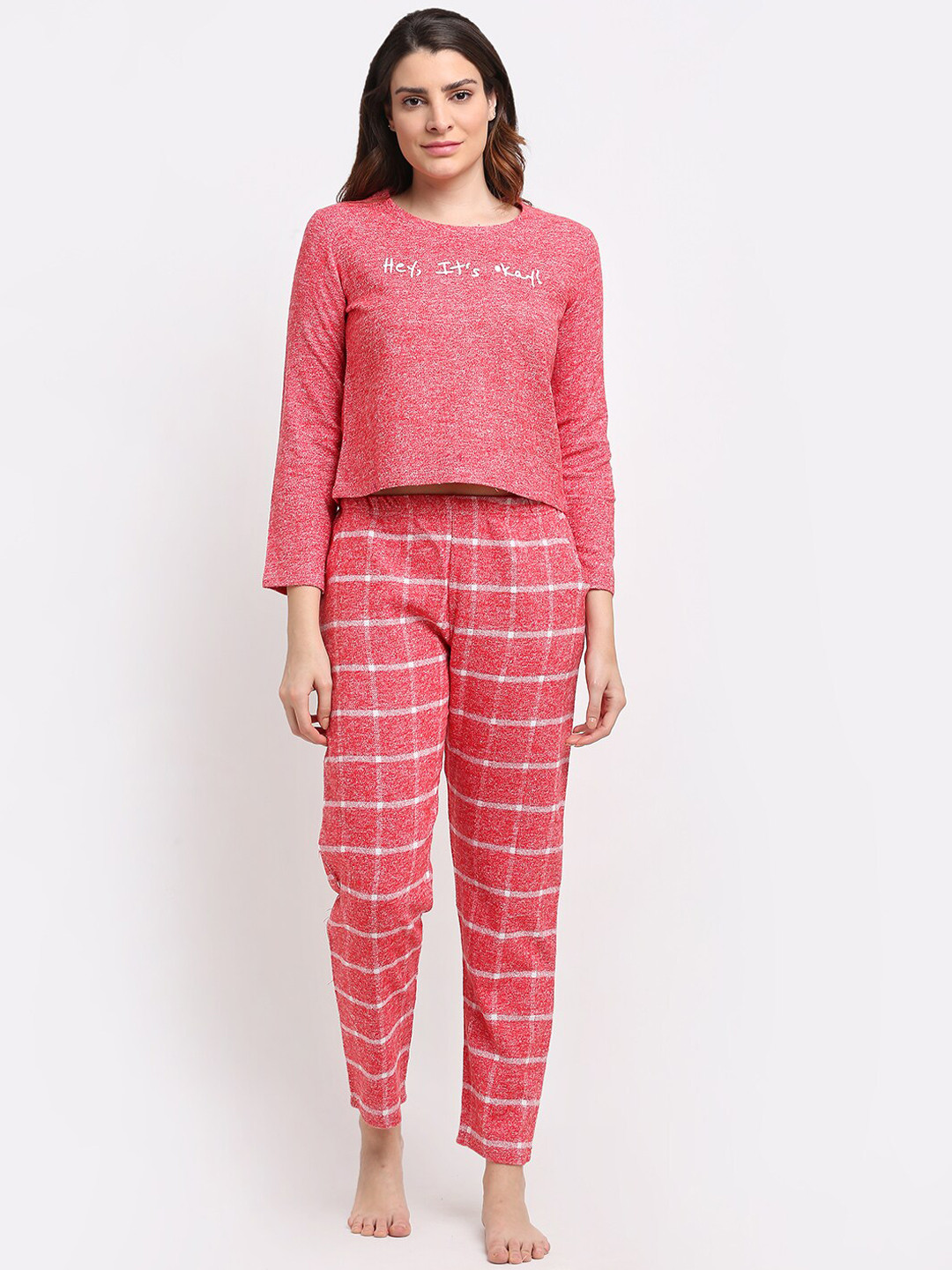 

Kanvin Women Red Full Sleeves Crop Top Winter wear Night Suits