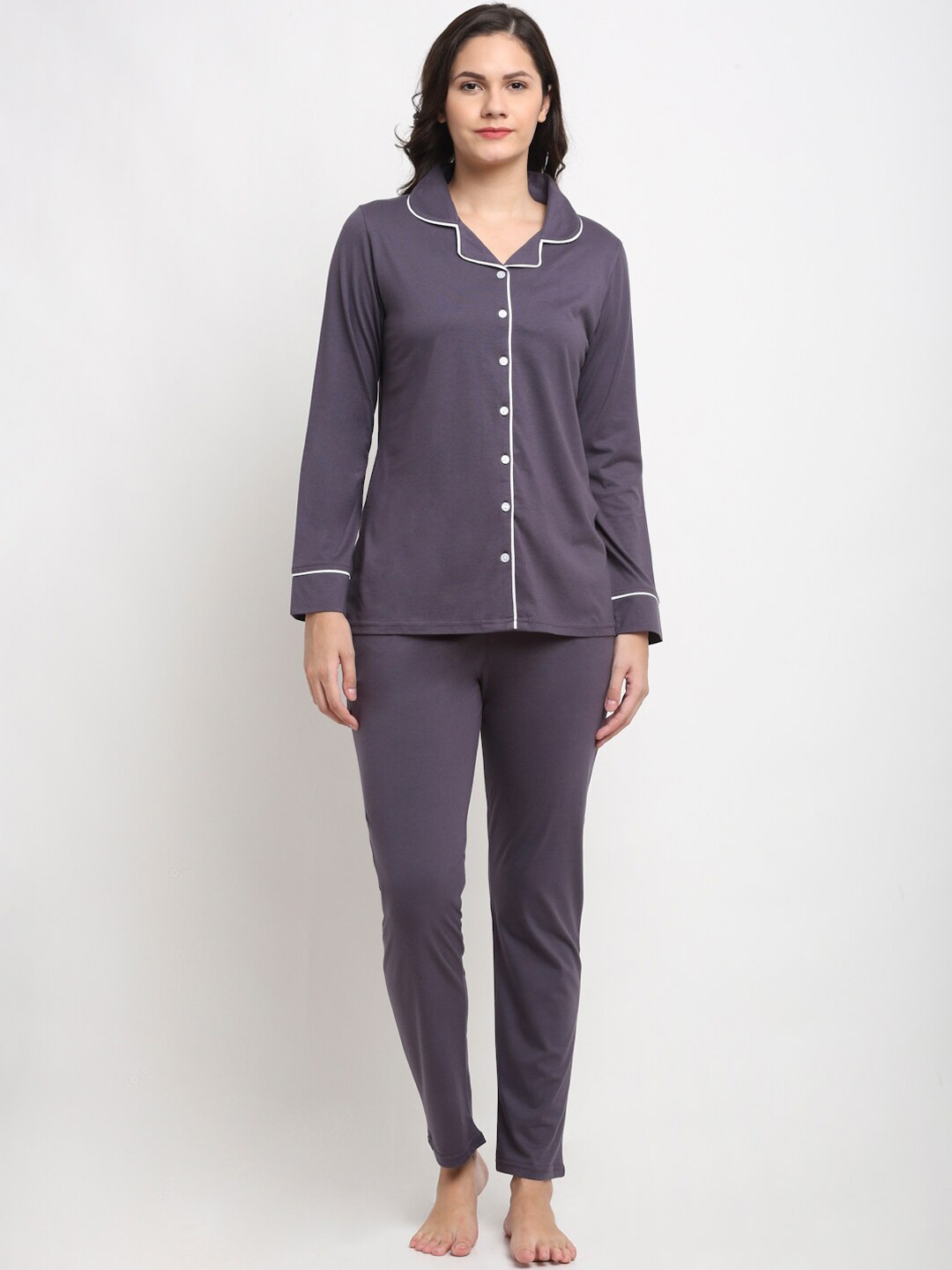 

Kanvin Women Purple & White Pure Cotton Night Suit
