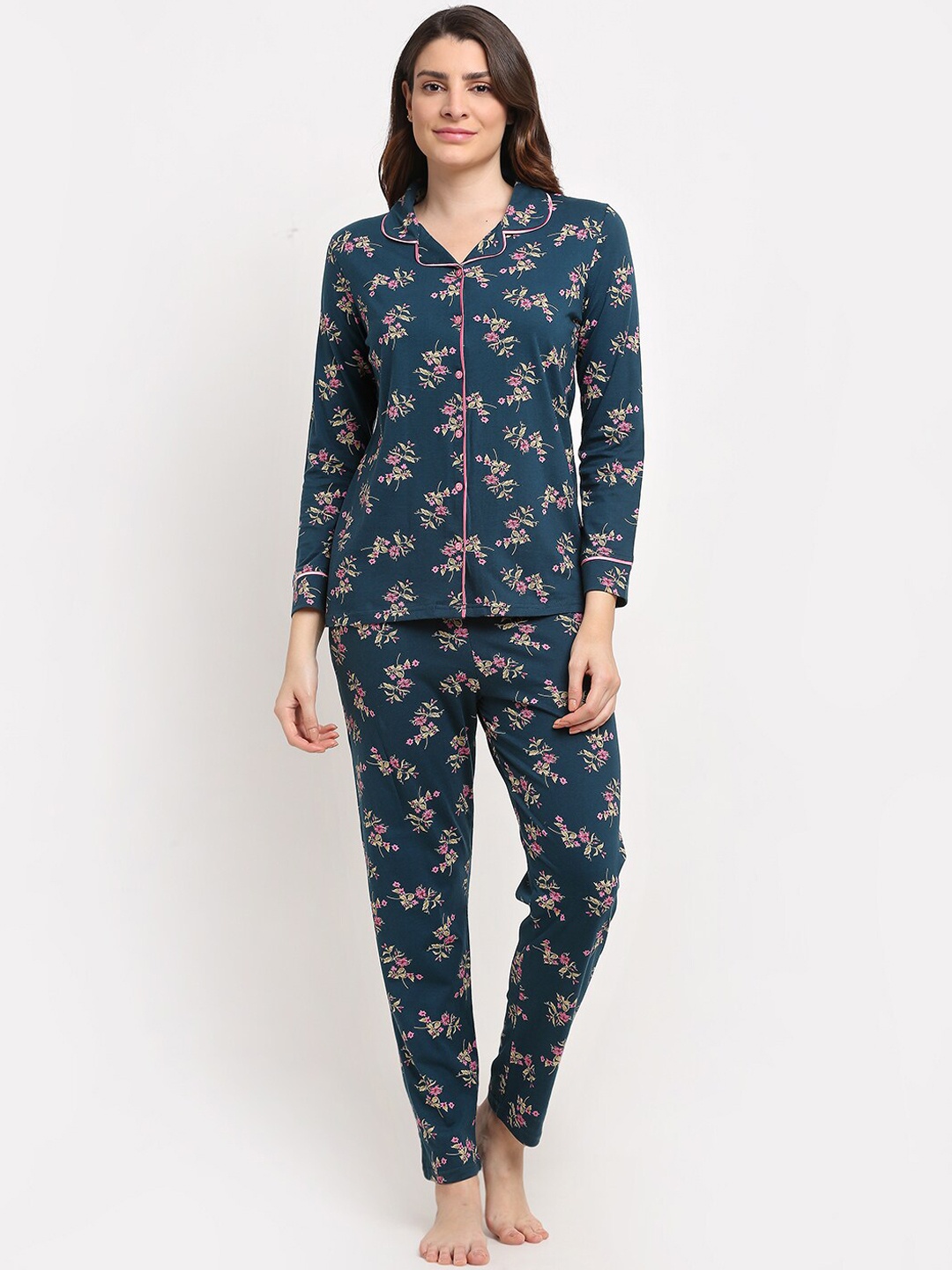 

Kanvin Women Teal Floral Printed Night Suits