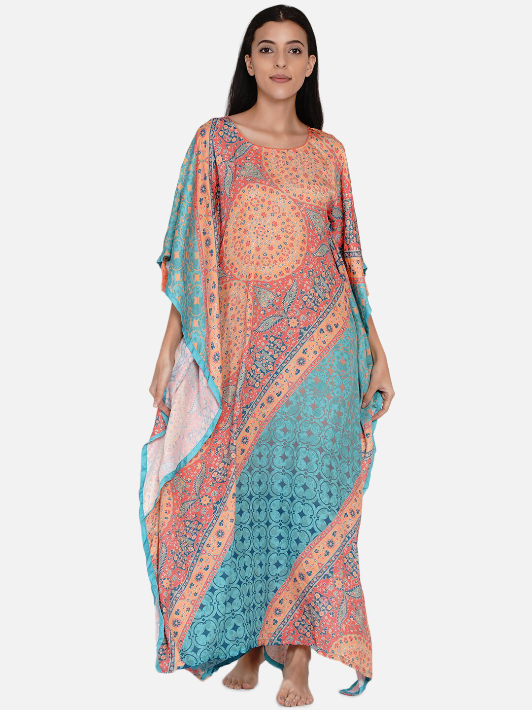 

The Kaftan Company Women Orange Printed Maxi Nightdress