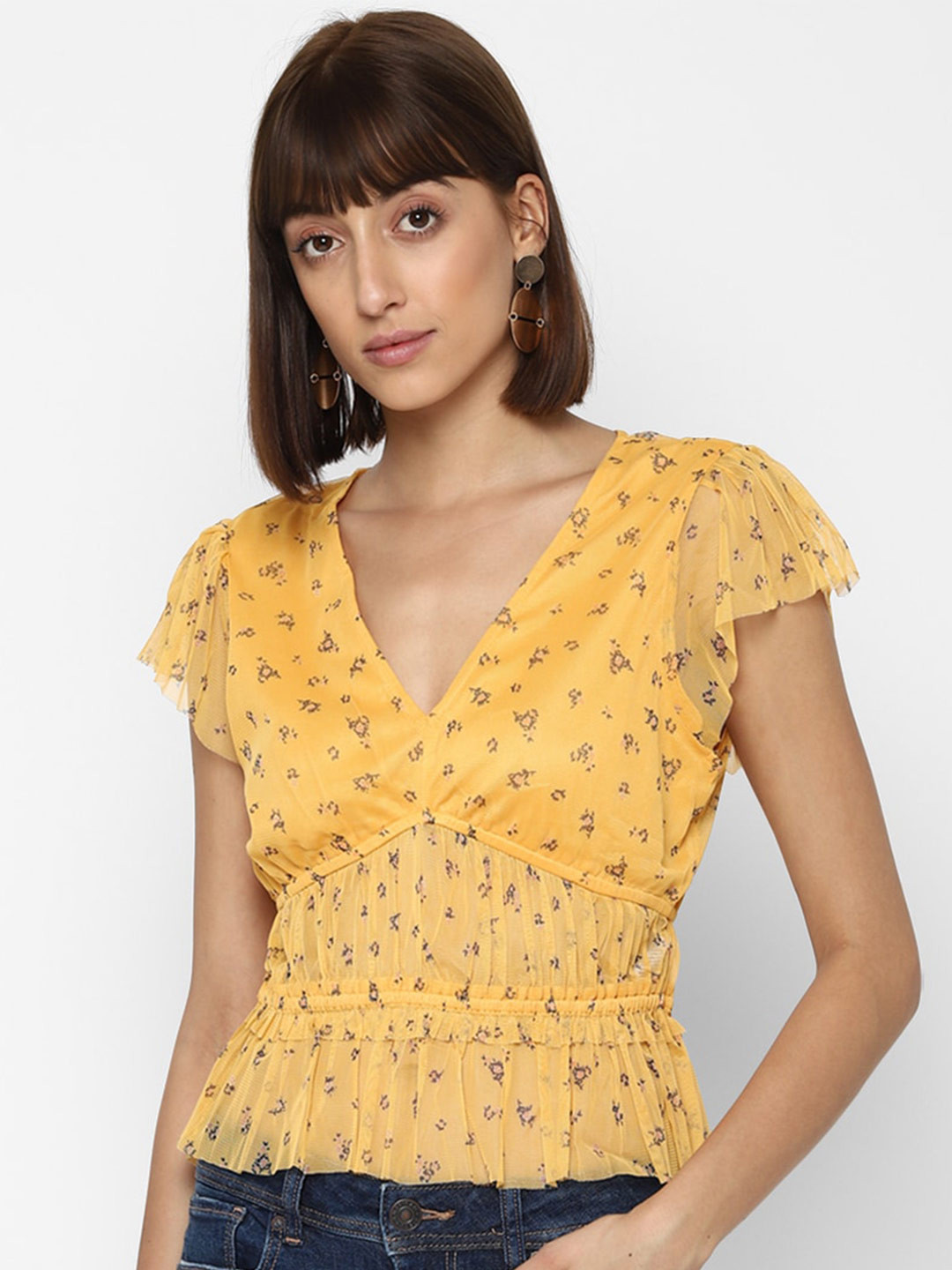 

AMERICAN EAGLE OUTFITTERS Yellow Floral Cinched Waist Top