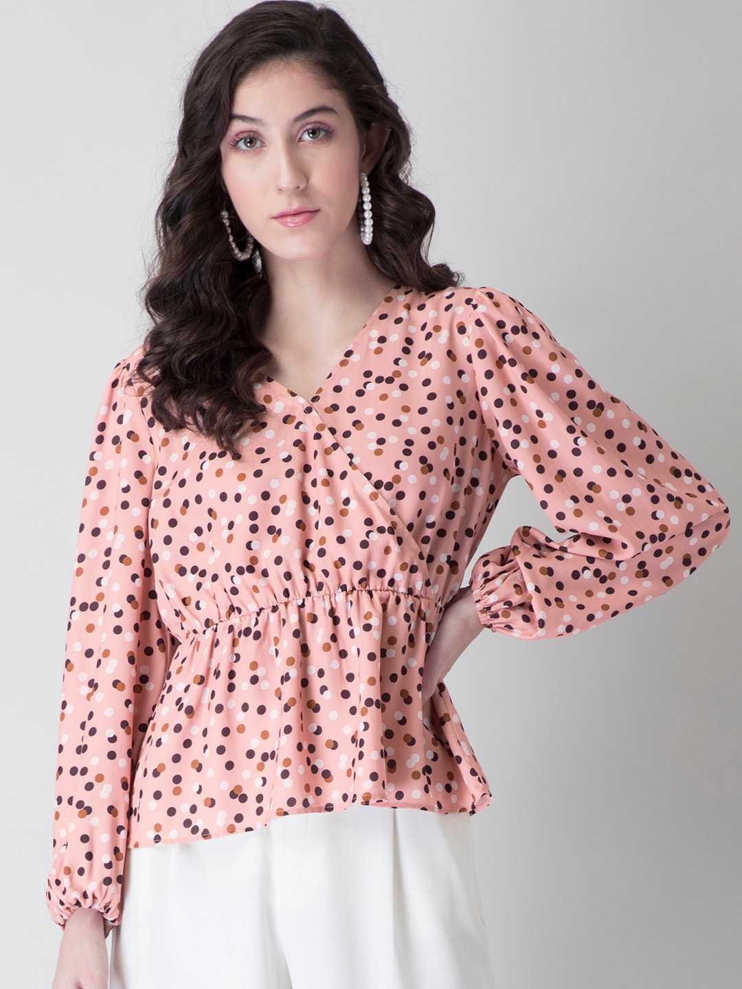 

FabAlley Peach-Coloured Polka Georgette Wrap Top