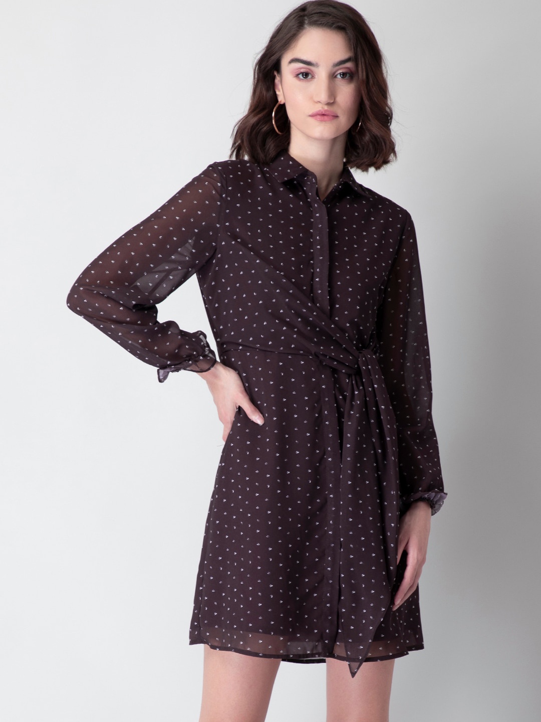 

FabAlley Maroon & White Printed Georgette Self Tie Shirt Dress