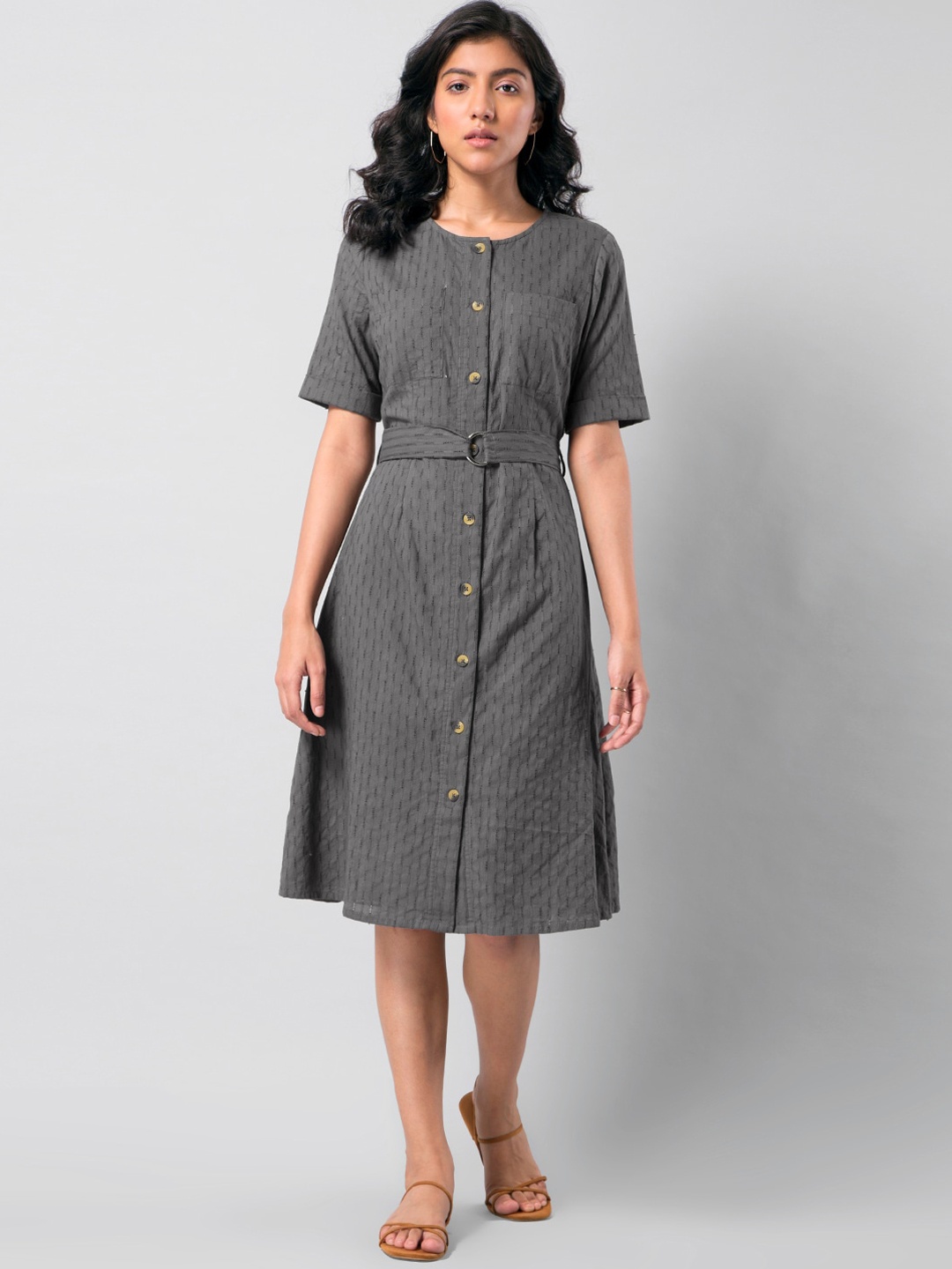 

FabAlley Grey Pure Cotton Self Designed A-Line Dress