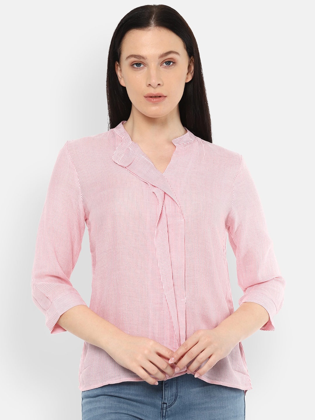 

Van Heusen Woman Pink & White Striped Shirt Style Top