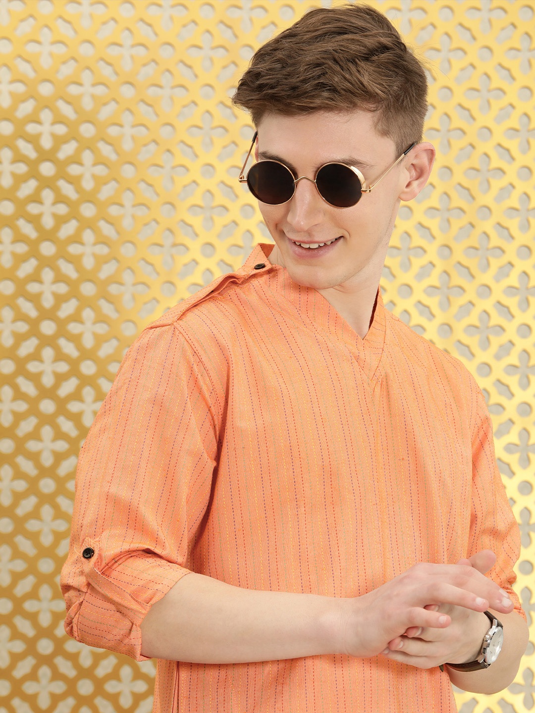 

Ode by House of Pataudi Men Orange Cotton Striped Kurta