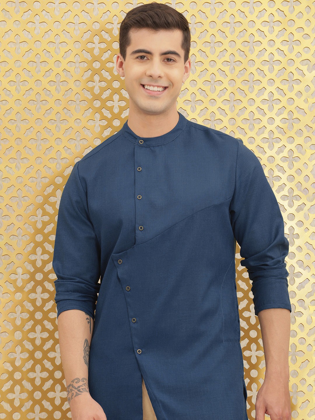 

Ode by House of Pataudi Men Blue Solid Angarakha Styled A- Line Kurta