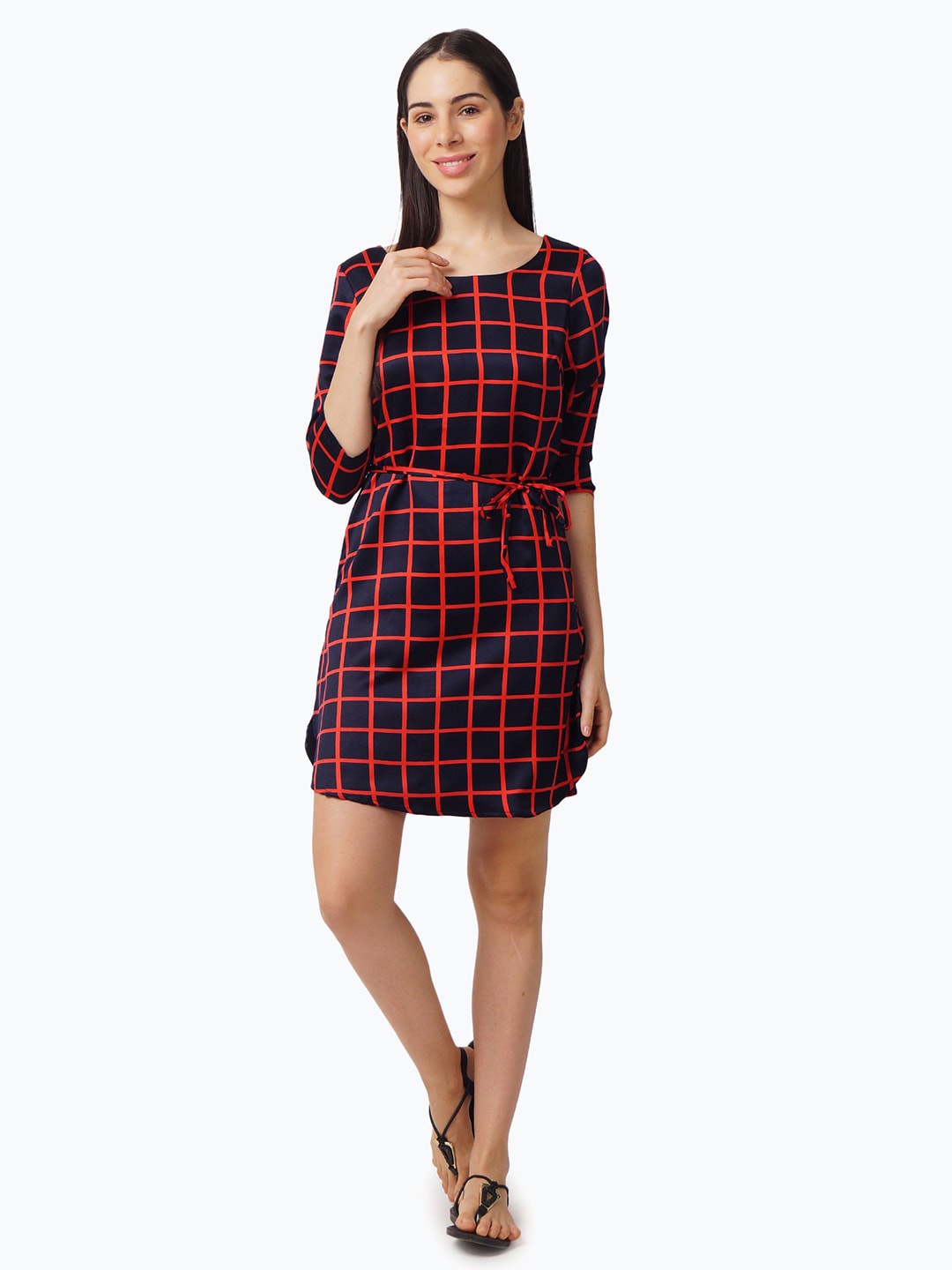 

IX IMPRESSION Navy Blue & Red Checked A-Line Dress