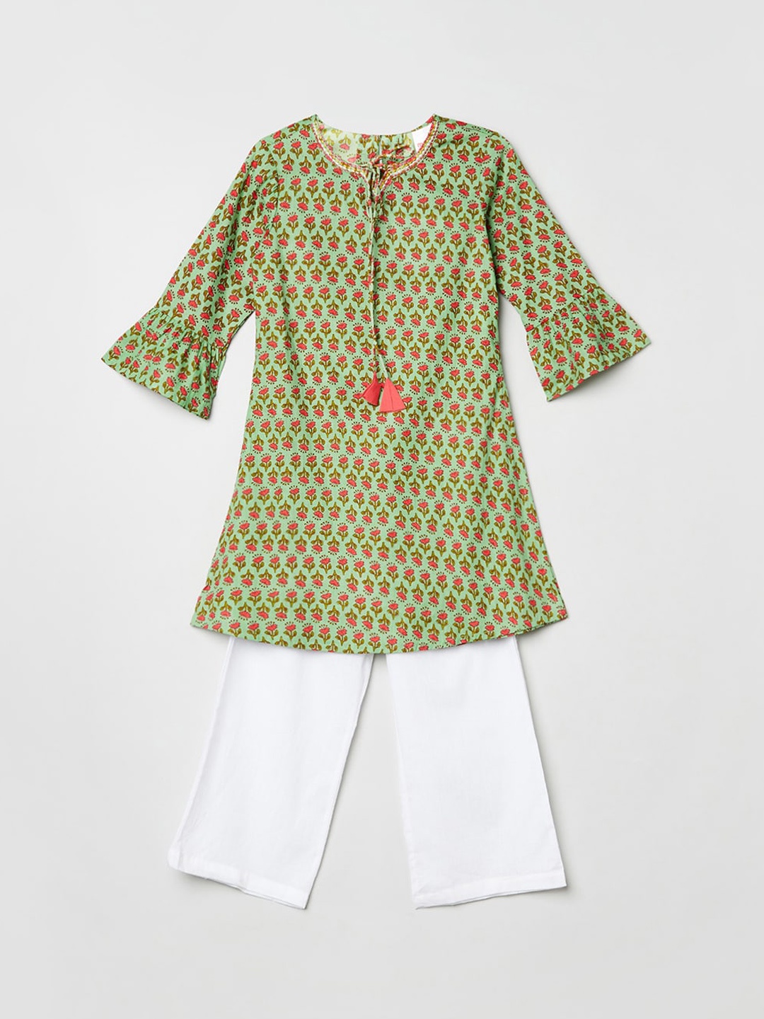 

max Girls Blue Ethnic Motifs Printed Pleated Pure Cotton Kurti with Palazzos
