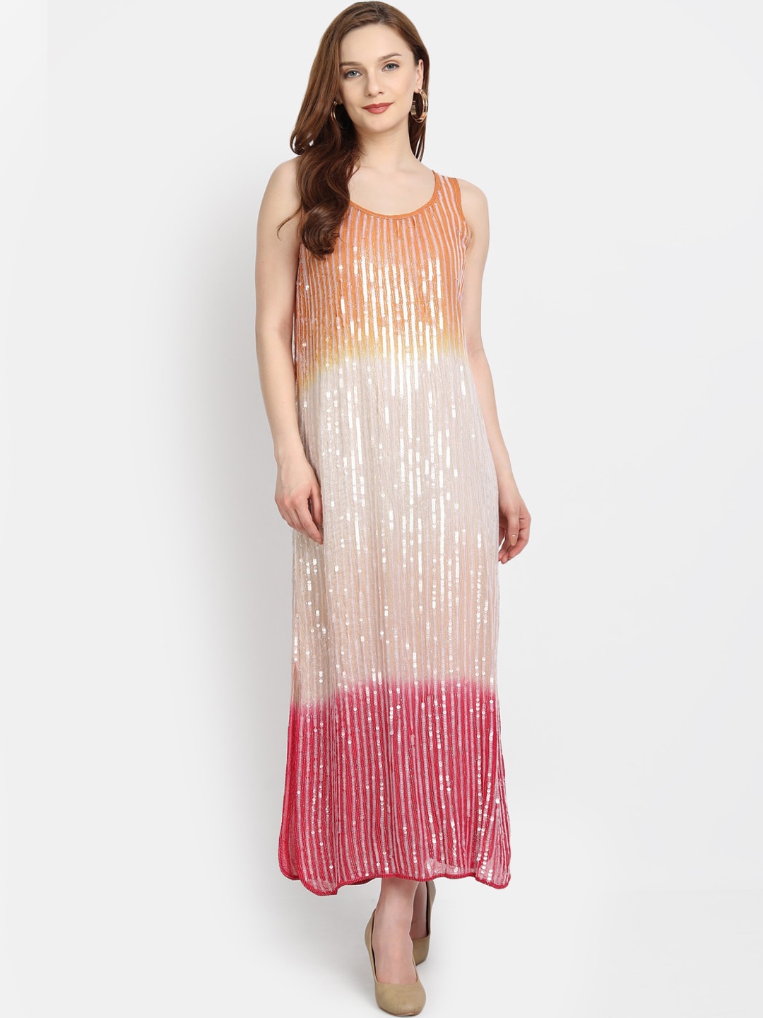 

LY2 Pink & Orange Tie and Dye Embellished Georgette Maxi Dress