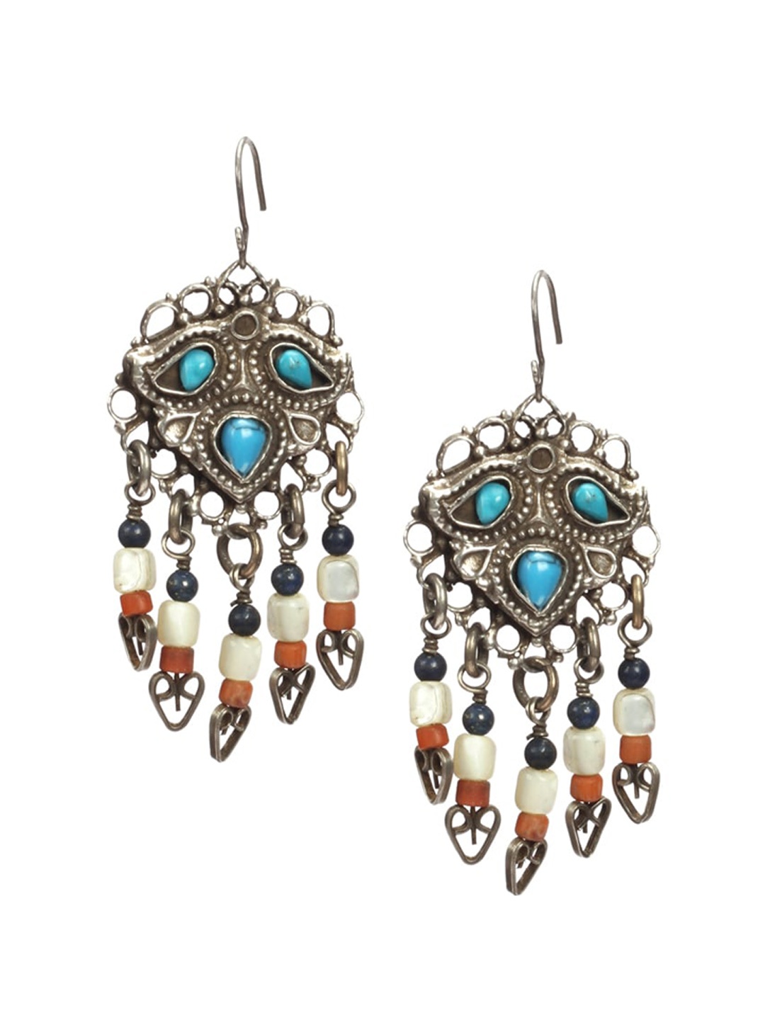 

SANGEETA BOOCHRA Silver-Toned & Blue Coral Studded Contemporary Drop Earrings