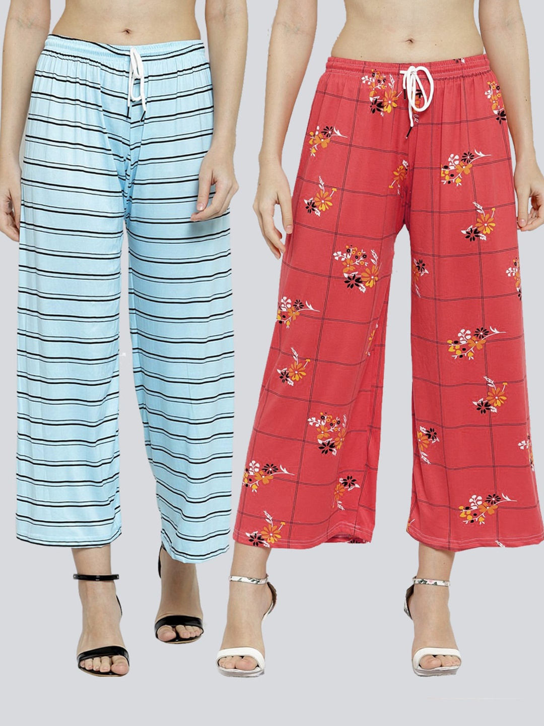 KLOTTHE Women Pack Of 2 Blue & Red Floral Printed Cropped Palazzos