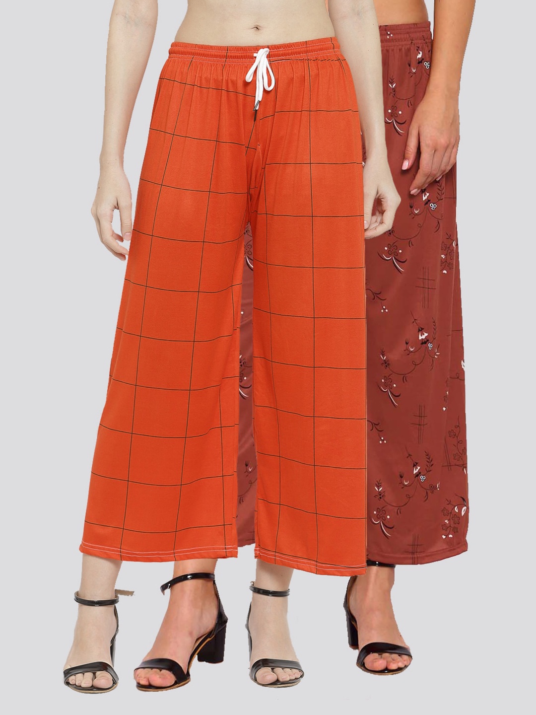

KLOTTHE Women Brown & Orange Pack of 2 Floral Printed Palazzos