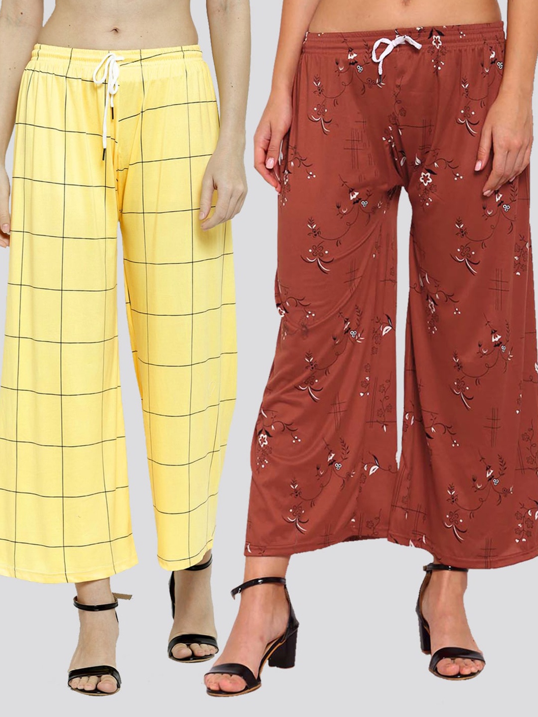 

KLOTTHE Women Pack Of 2 Maroon & Yellow Floral Printed Cropped Palazzos