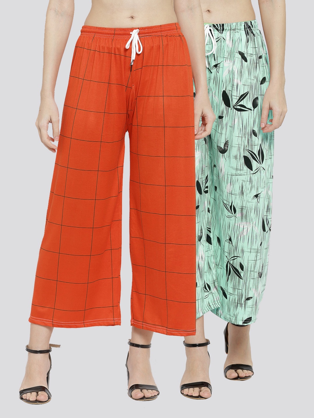 

KLOTTHE Women Pack of 2 Printed Wide Leg Palazzos, Green