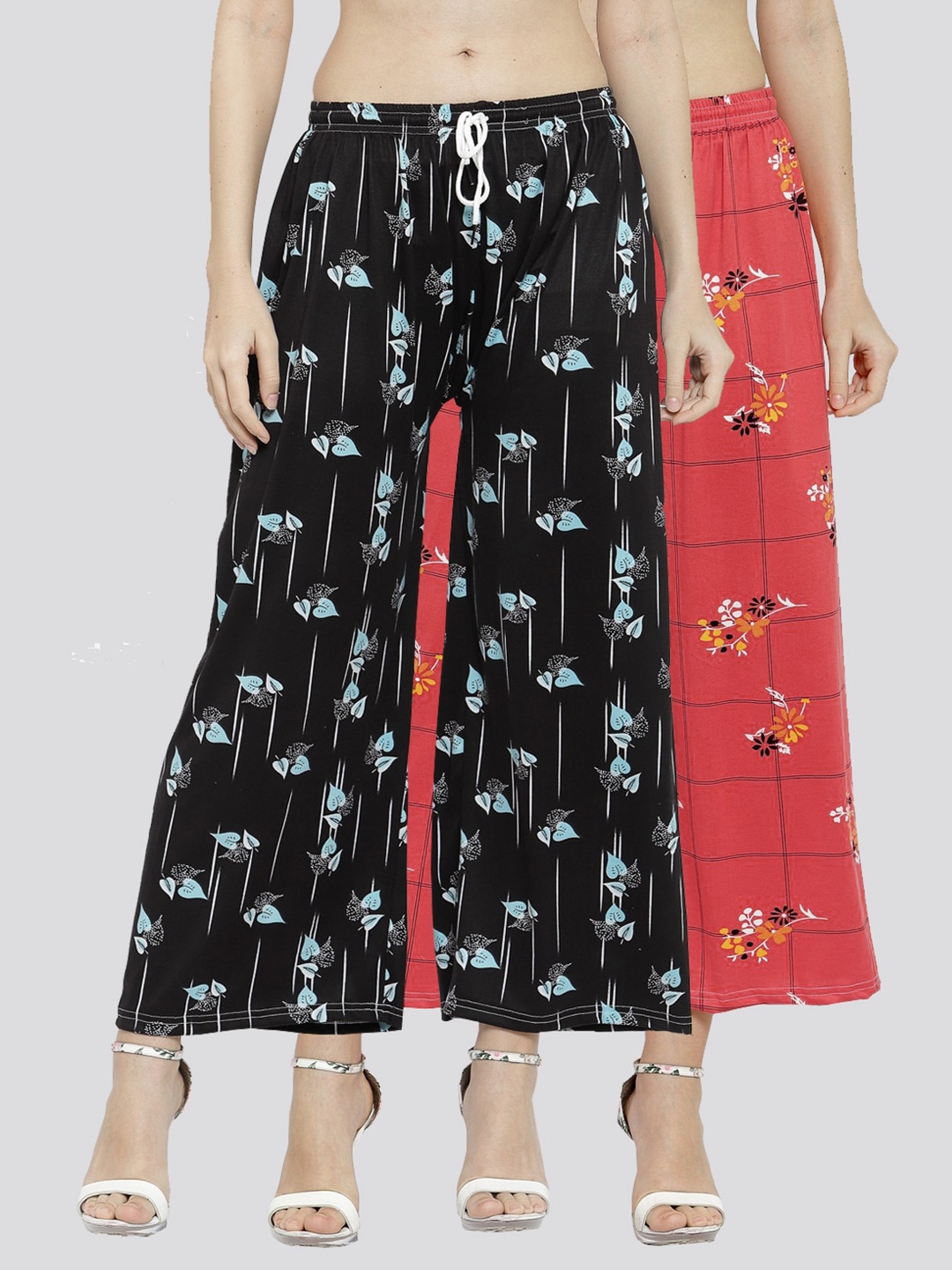 KLOTTHE Women Pack of 2 Black & Red Floral Printed Palazzos