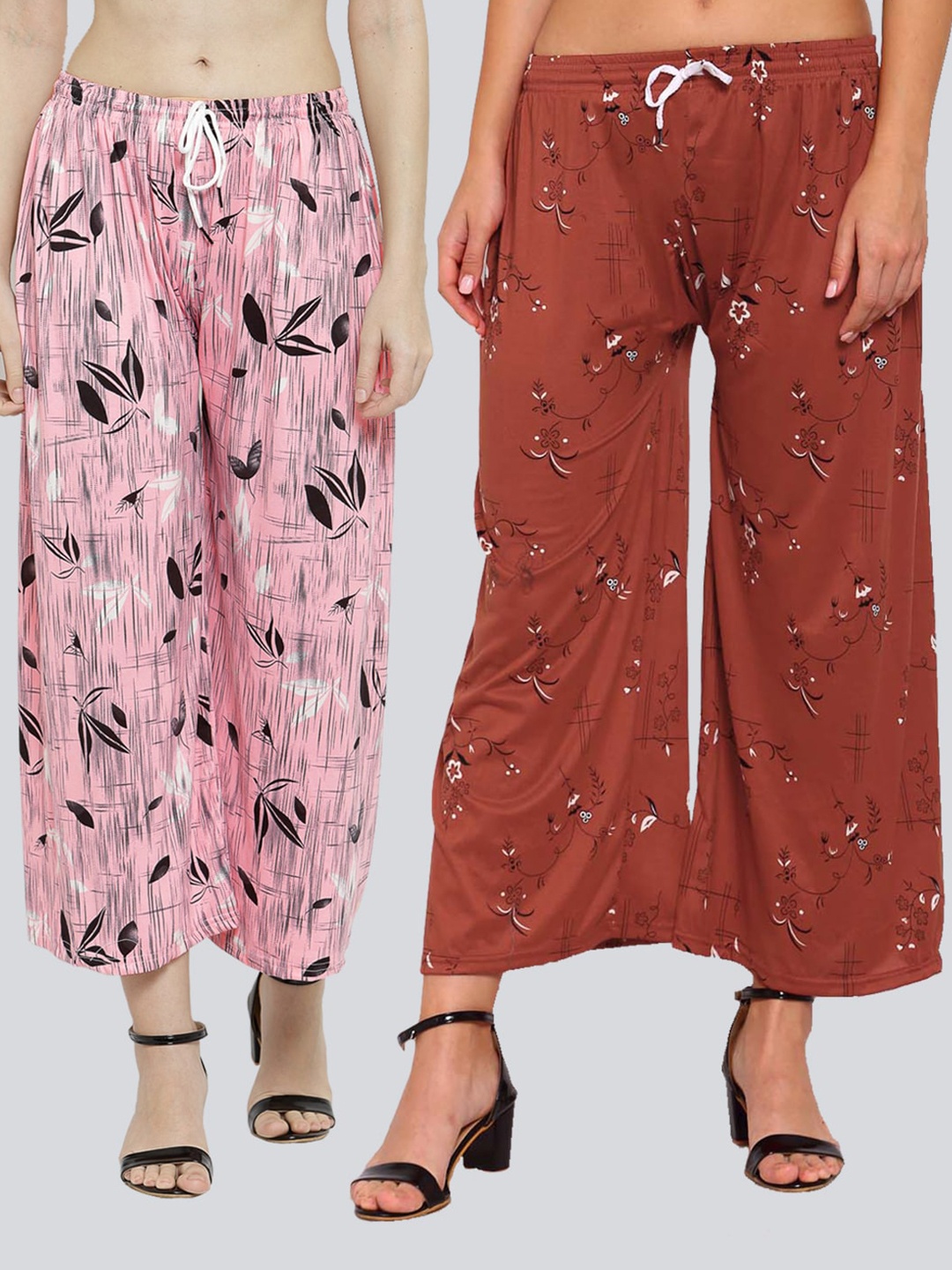

KLOTTHE Women Pink & Brown Pack of 2 Floral Printed Palazzos